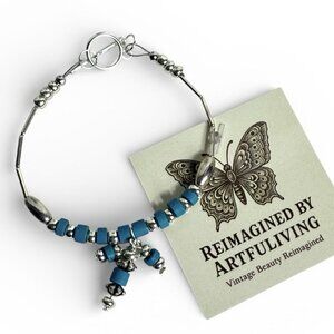 Reimagined Faux Turquoise Silver Tone Charm Bracelet